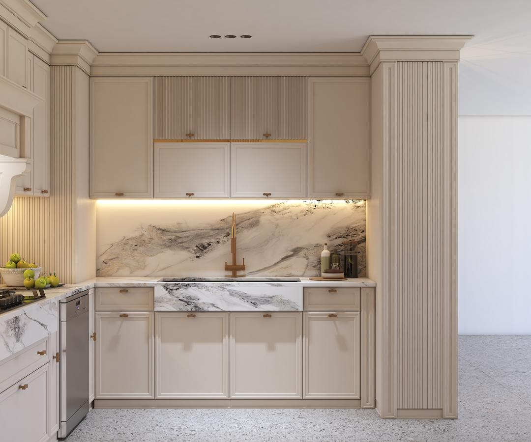 Stone benchtops Bateman — waterfall ends and splashback coordination